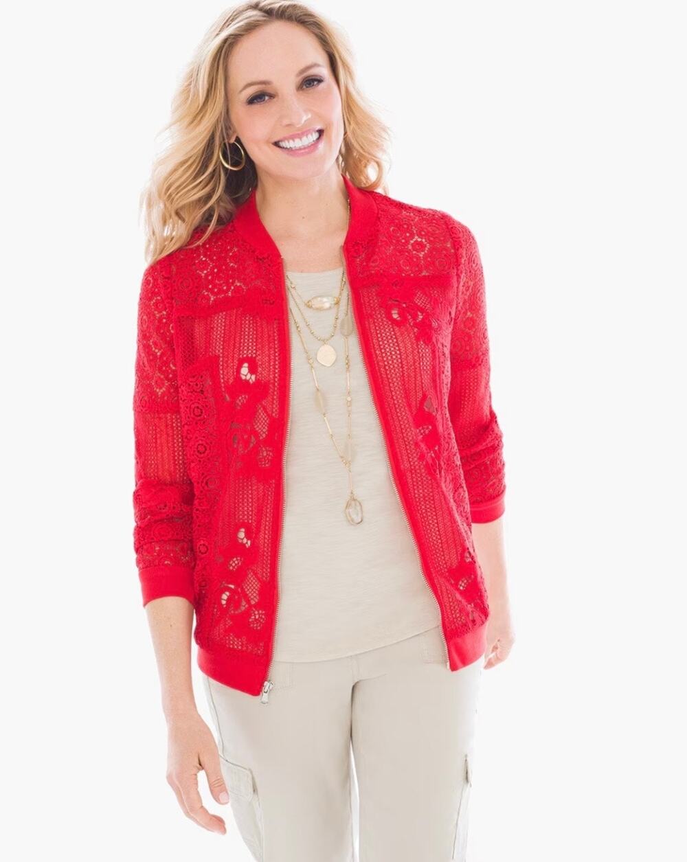Chico's Red Lace Bomber Jacket